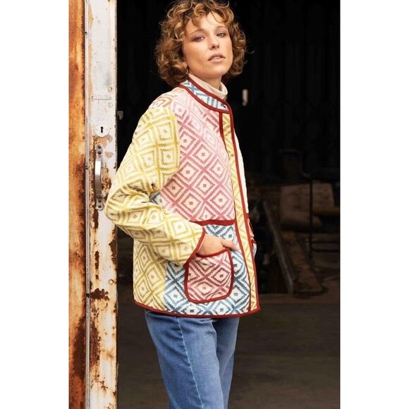 FRNCH Paris Multicolour Patchwork Diamond Quilted Jacket XS Boho Indie Retro - Picture 4 of 14